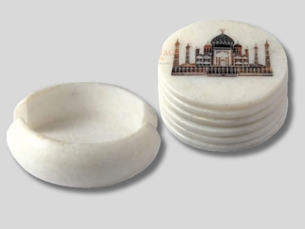 White Round Marble Coaster Set Taj Mahal Floral Gifts Decor